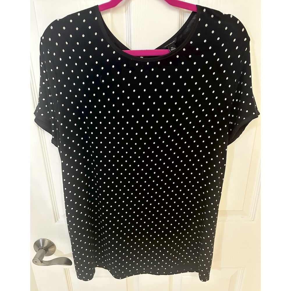 Black White Polka Dot Short Sleeve Button Blouse Round Neck Women Ann Taylor top
